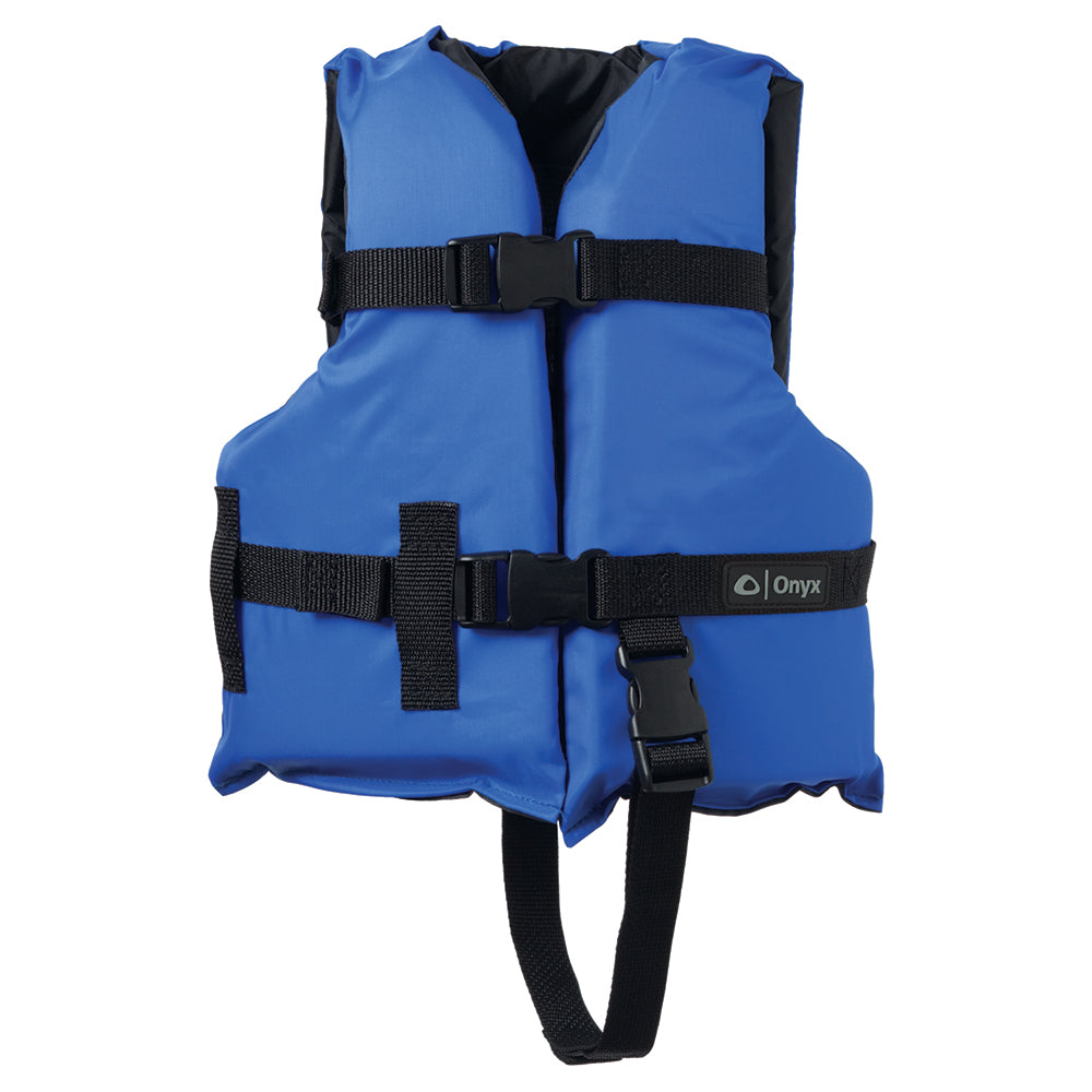 Onyx Outdoor child life jacket in blue, nylon personal flotation device for children 30-50lbs, designed for safety and comfort