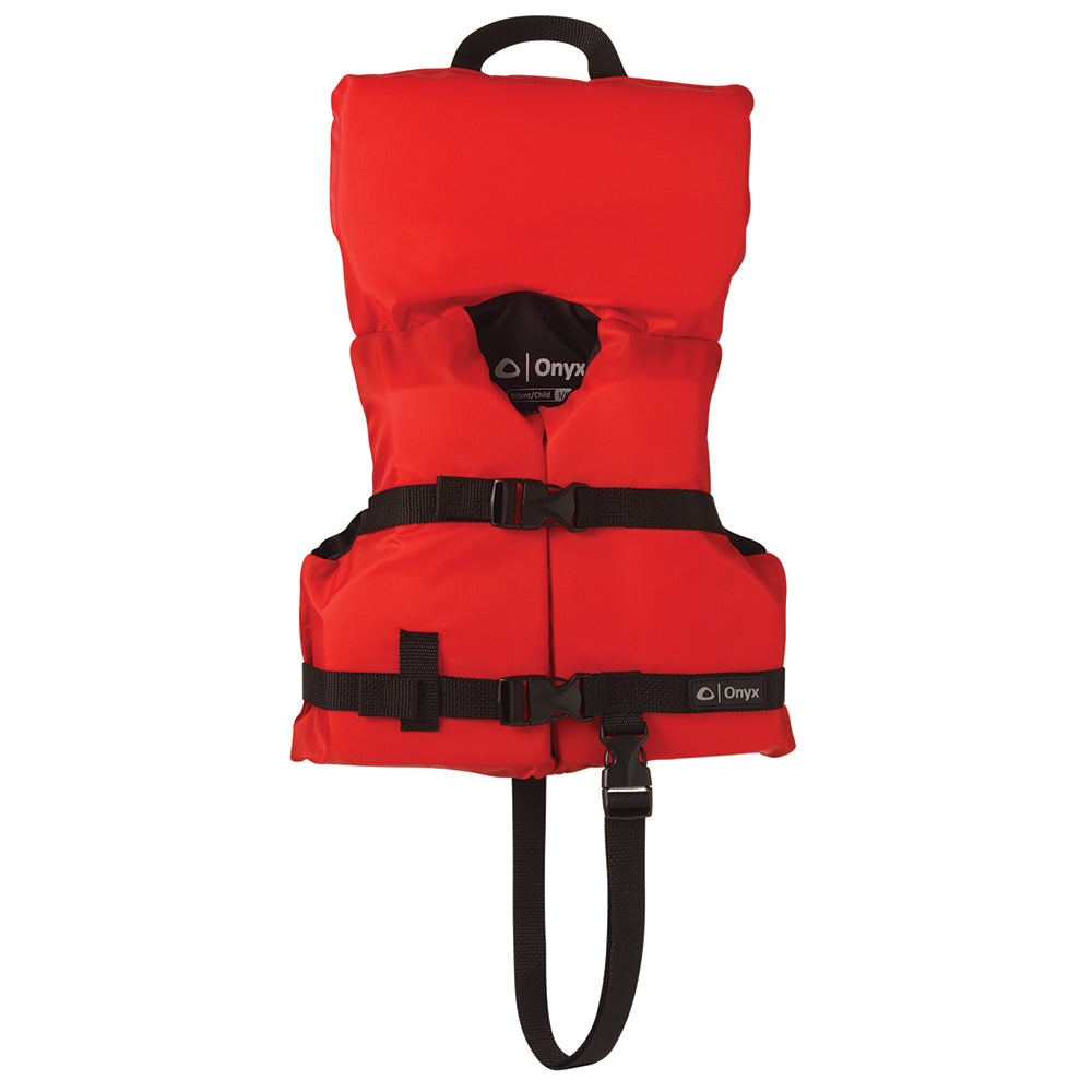 Onyx Outdoor infant life jacket made of red nylon, designed for children under 50lbs, personal flotation device for safety.