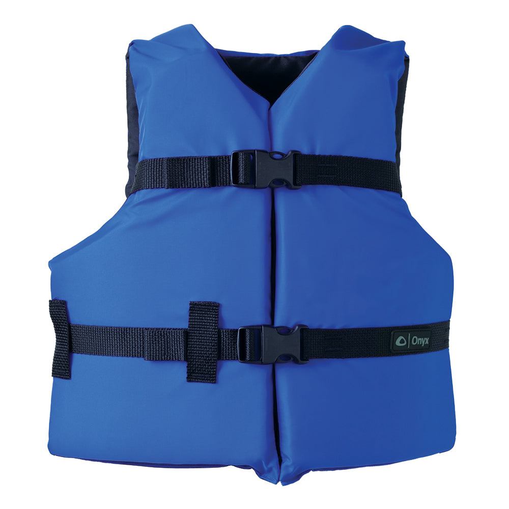 Blue Onyx Nylon Youth Life Jacket for 50-90lbs, personal flotation device with adjustable straps and safety features.