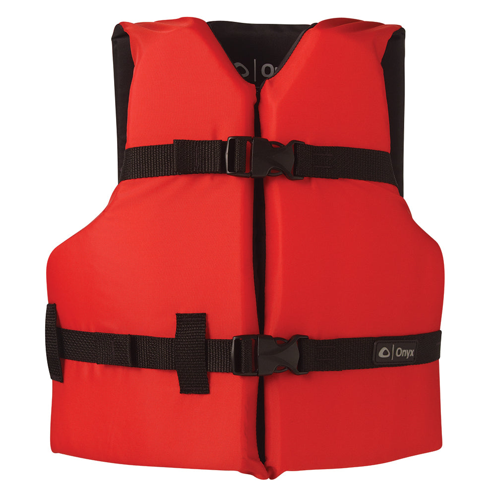 Red Onyx Nylon Youth Life Jacket for 50-90lbs, personal flotation device with adjustable straps and safety features.