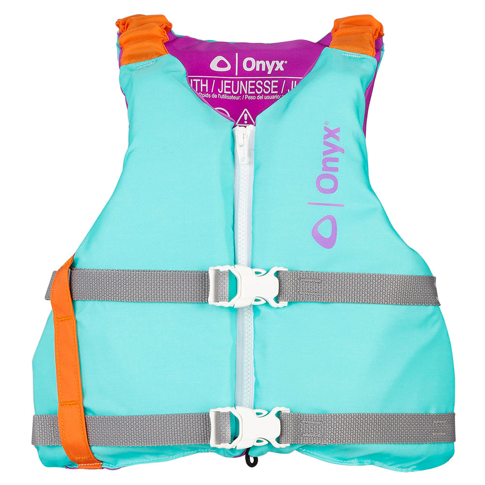 Onyx Youth Universal Paddle Vest in aqua, a personal flotation device designed for safety during water activities.
