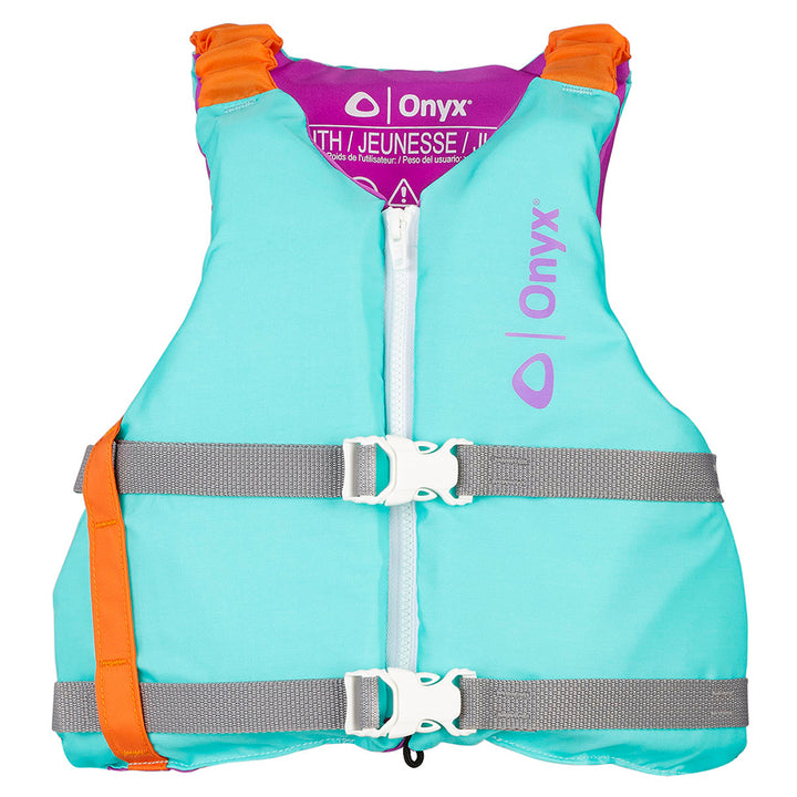 Onyx Youth Universal Paddle Vest in aqua, a personal flotation device designed for safety during water activities.