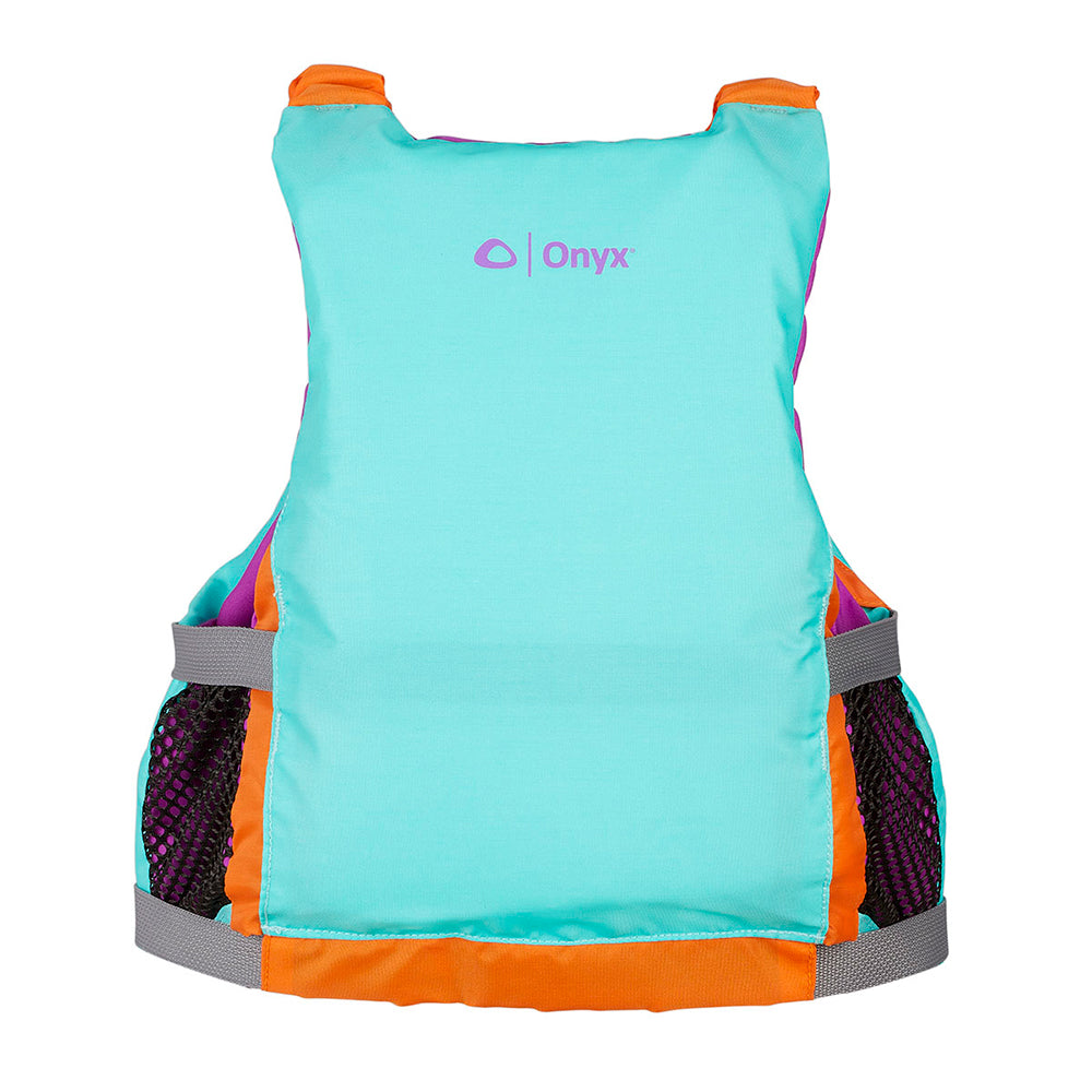 Onyx Youth Universal Paddle Vest in aqua, a personal flotation device designed for safety and comfort during water activities.