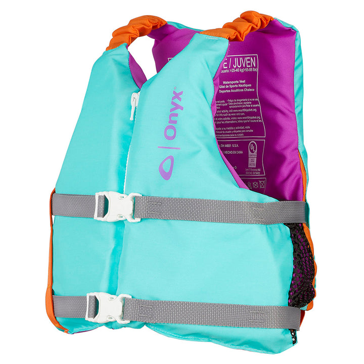Onyx Youth Universal Paddle Vest in aqua, a personal flotation device with adjustable straps and safety features for kids.