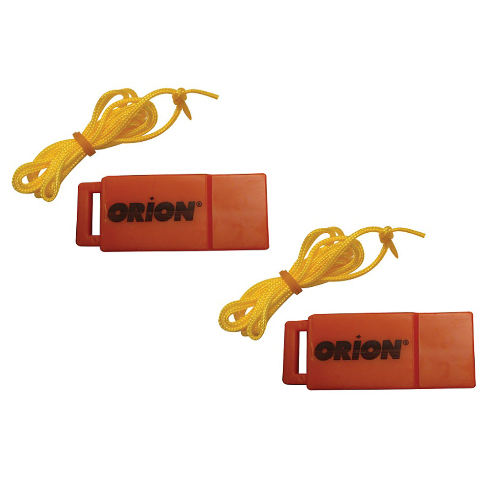 Two Orion safety whistles with lanyards, compact accessories for personal safety and outdoor activities.