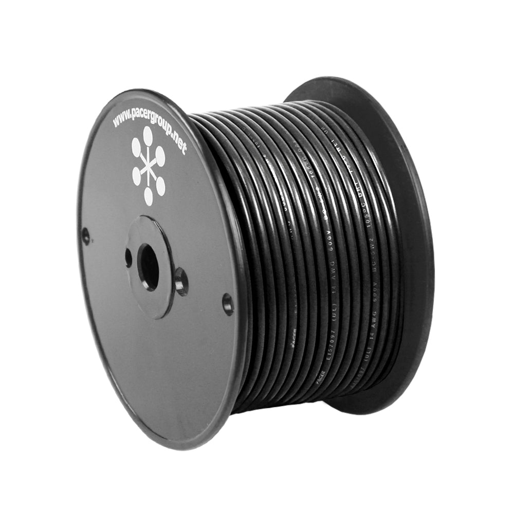 Pacer Black 18 AWG primary wire, 100-foot roll, durable electrical wire for automotive and electronic projects.