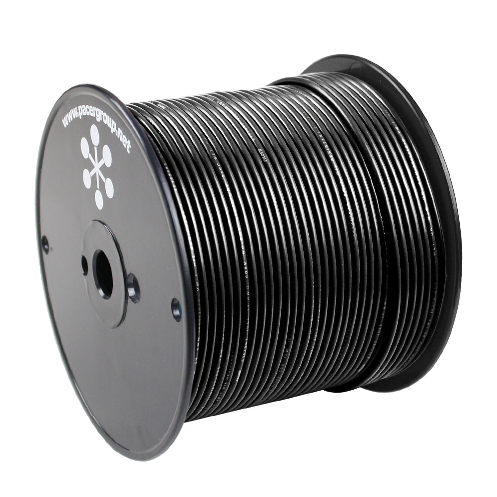 Pacer Black 18 AWG primary wire, 500-foot spool, insulated copper wire for electrical applications, shown in coil.