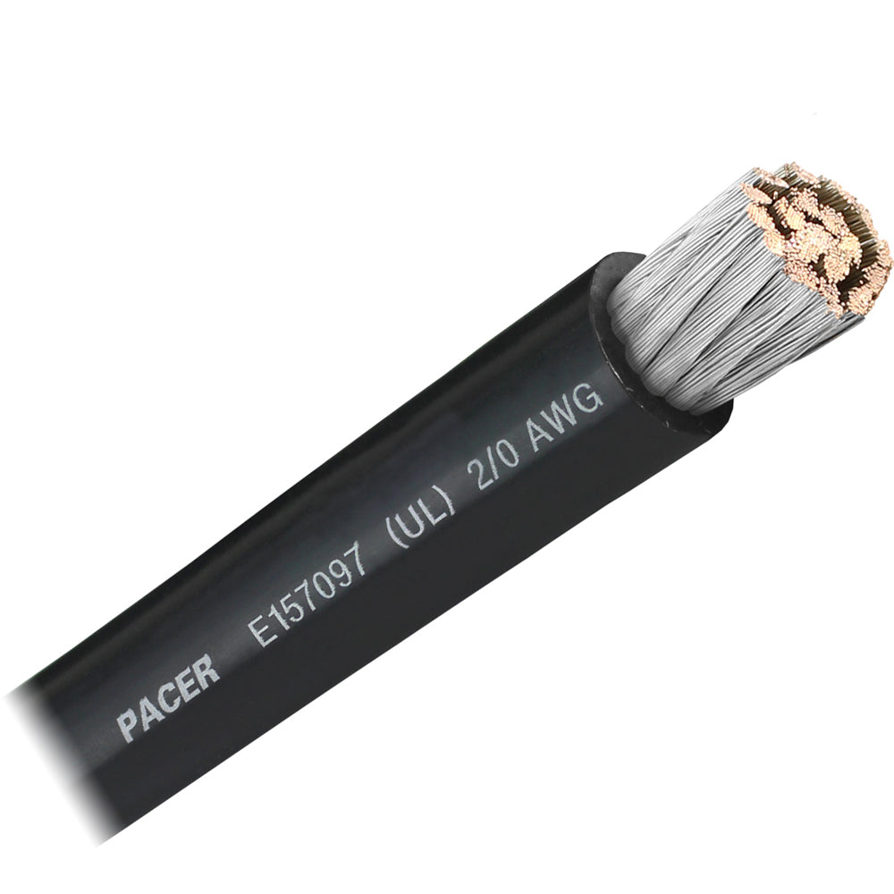 Pacer Black 2/0 AWG Battery Cable wire, sold by the foot, showing thick black insulated copper cable for automotive or industrial use.