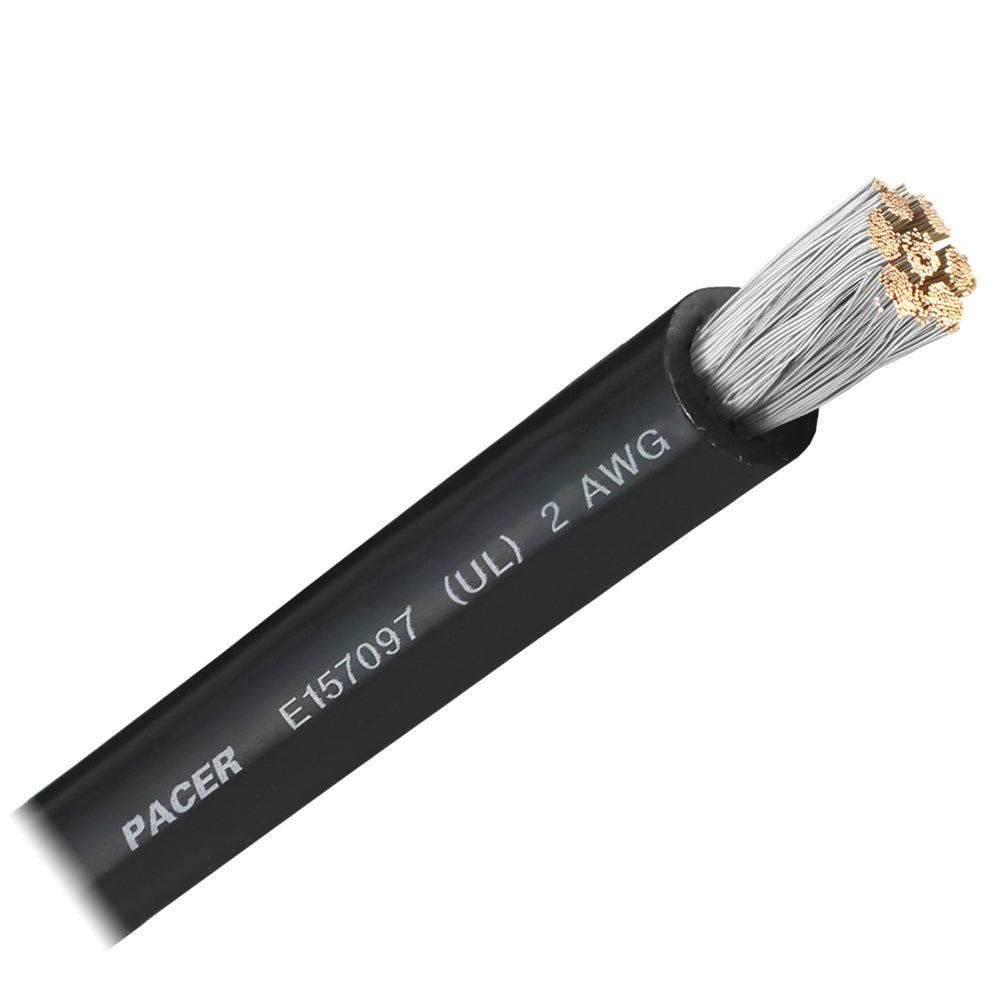 Pacer Black 2 AWG battery cable wire, sold by the foot, with thick black insulation and heavy-duty electrical connectors.