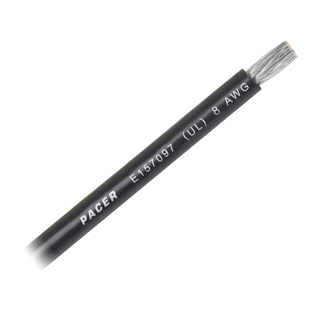 Black 8 AWG Pacer battery cable wire, sold by the foot, showing the flexible insulated copper wire for automotive or industrial use.