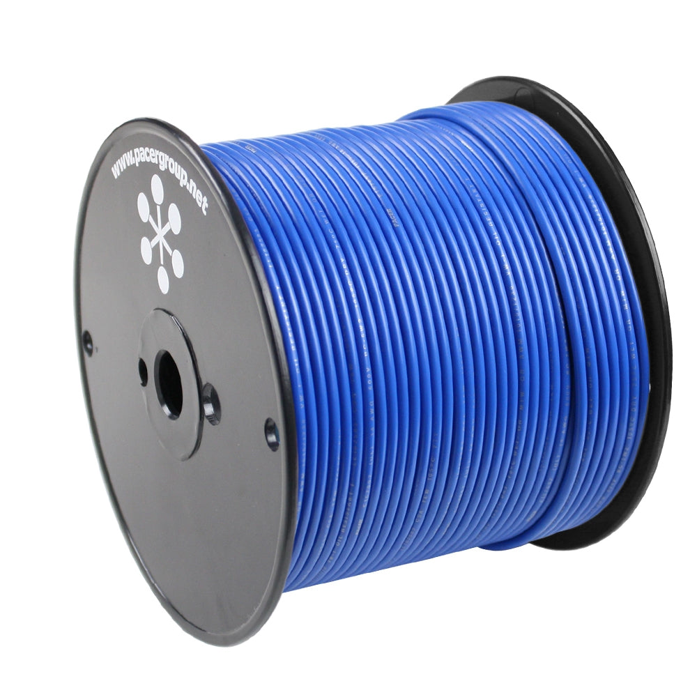 Pacer Blue 18 AWG primary wire, 500-foot spool, flexible electrical wire for automotive and electronic applications.
