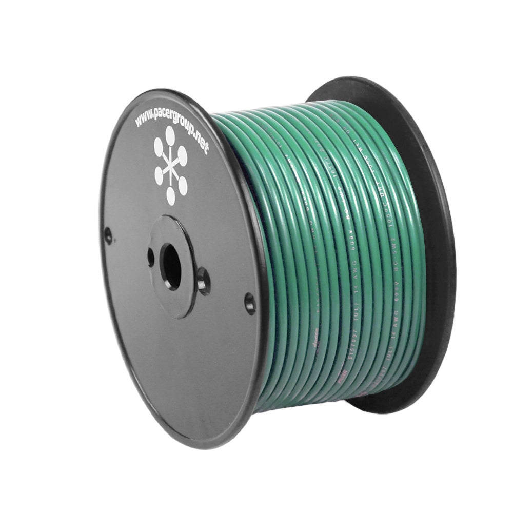 Green Pacer 10 AWG primary wire for electrical applications, 100-foot length, with durable insulation and flexible design.