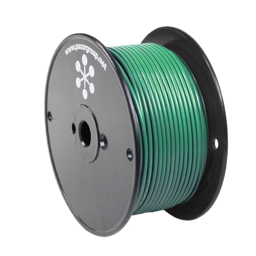 Pacer Green 8 AWG Primary Wire, 250 feet spool, flexible electrical wire for automotive and industrial use.