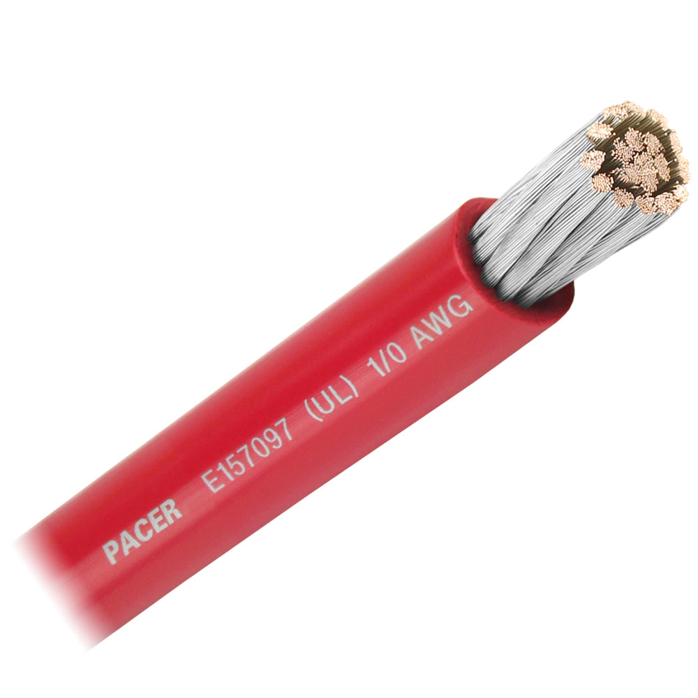 Pacer Red 1/0 AWG Battery Cable wire, sold by the foot, featuring red insulation and heavy-duty design for automotive use.