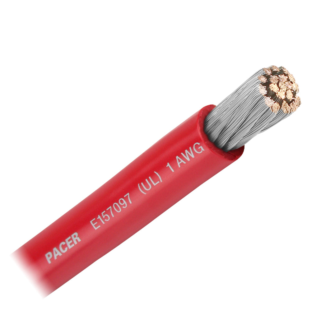 Red Pacer 1 AWG battery cable wire, sold by the foot, with thick copper insulation and durable flexible construction.