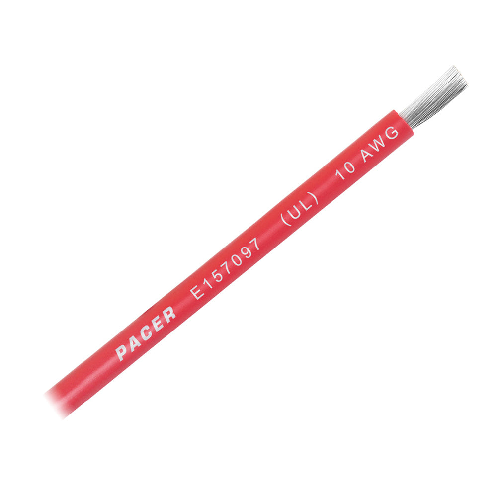 Pacer Red 10 AWG battery cable wire, shown in close-up with insulation and terminal end, sold by the foot for electrical projects.
