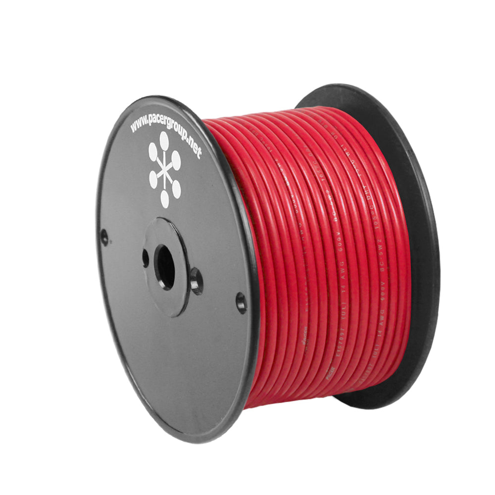 Pacer Red 12 AWG primary wire, 100-foot spool, flexible electrical wire for automotive and electrical projects.