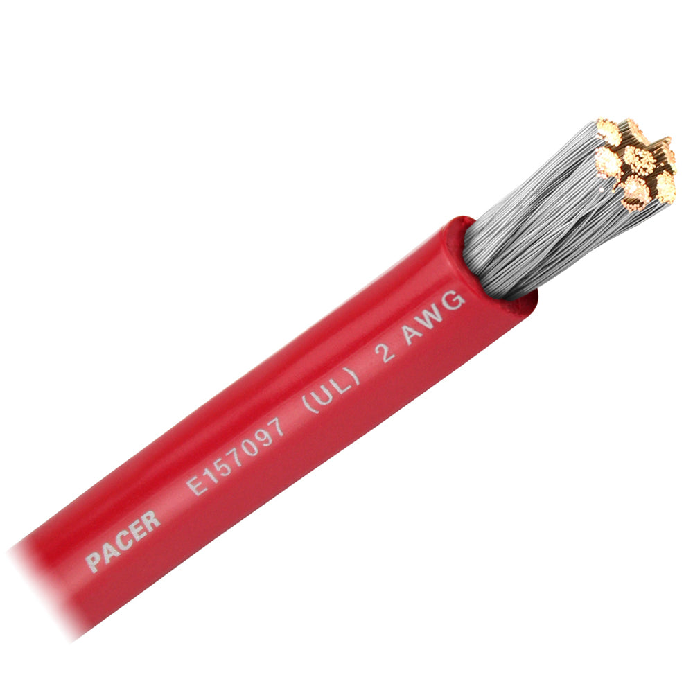 Pacer Red 2 AWG battery cable wire, sold by the foot, showing thick insulated copper wire for automotive or marine use.
