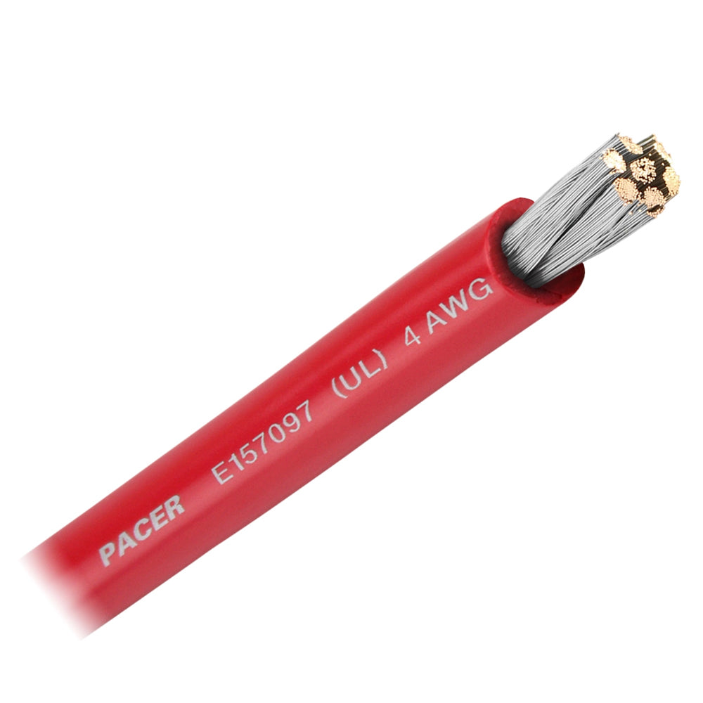 Red Pacer 4 AWG battery cable wire, flexible and durable, shown coiled with electrical connectors for automotive or power use.