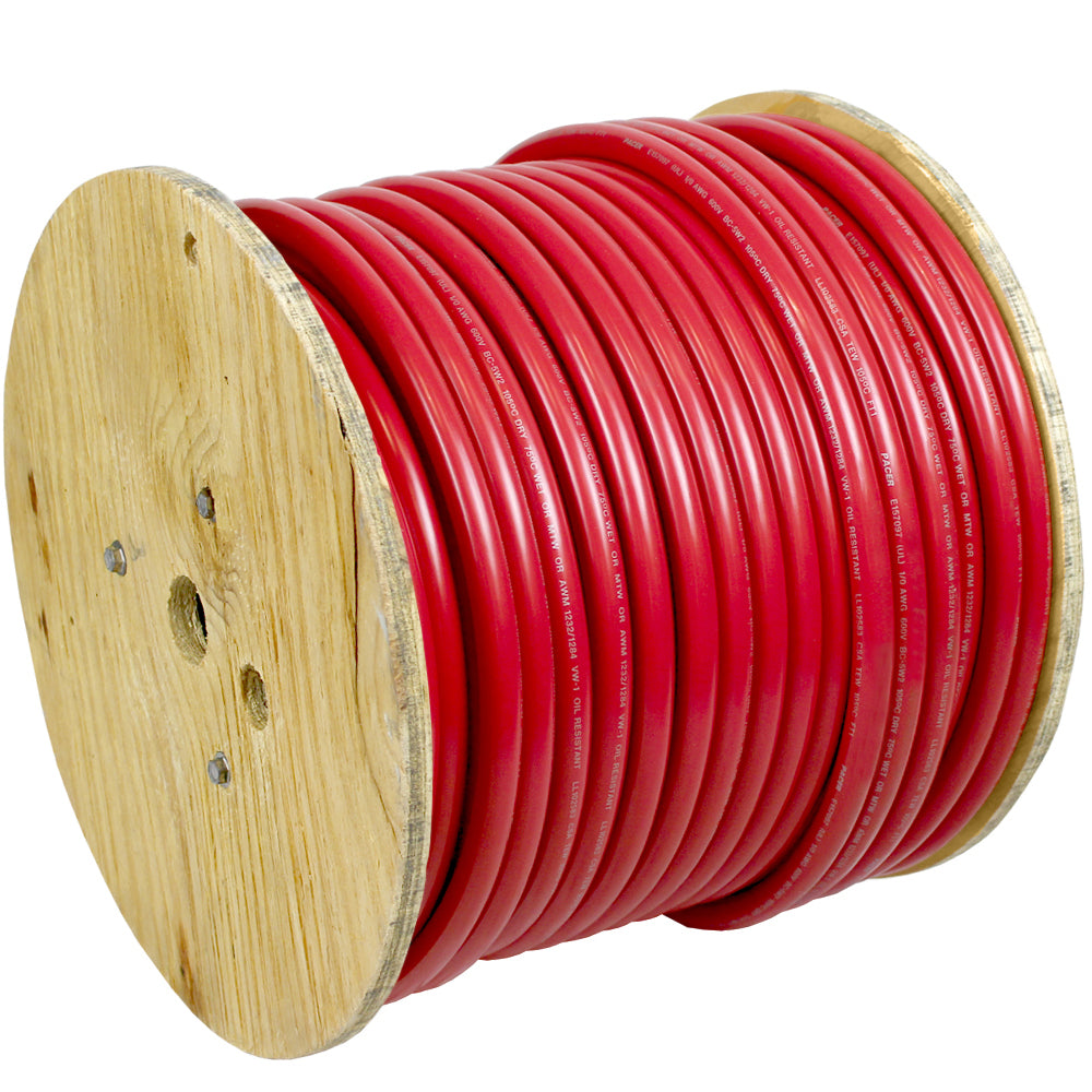 Pacer Red 6 AWG Battery Cable wire for automotive use, with thick red insulation and sturdy connectors for secure connections.