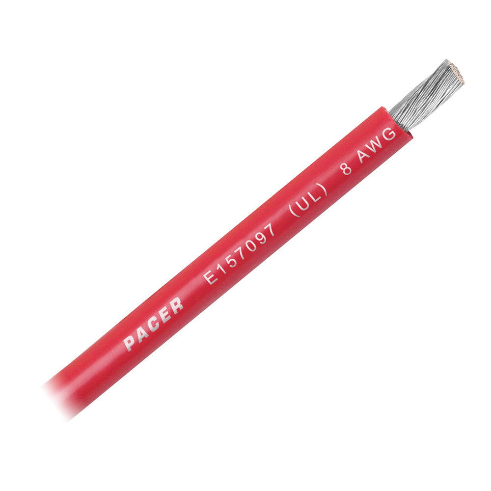 Pacer Red 8 AWG battery cable wire, sold by the foot, showing thick red insulated copper wire for automotive or marine use.