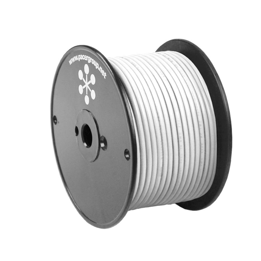 Pacer White 8 AWG primary wire, 100-foot spool, showing insulated copper wire for electrical applications.