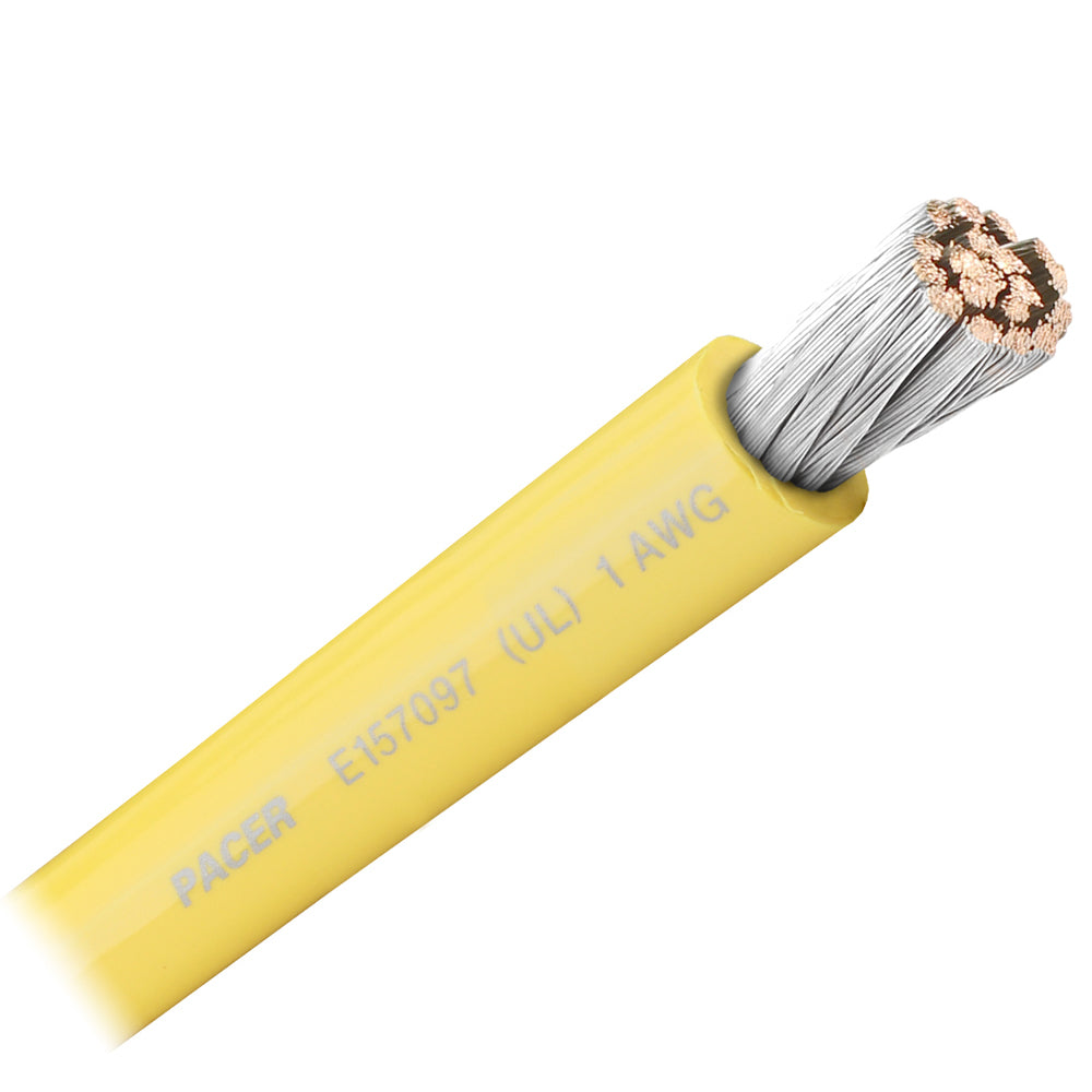 Pacer Yellow 1 AWG Battery Cable wire, sold by the foot, showing the thick, flexible copper cable for automotive or marine use