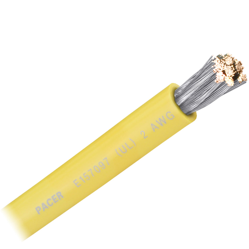 Yellow Pacer 2 AWG battery cable wire, sold by the foot, with thick insulation and flexible construction for automotive use.