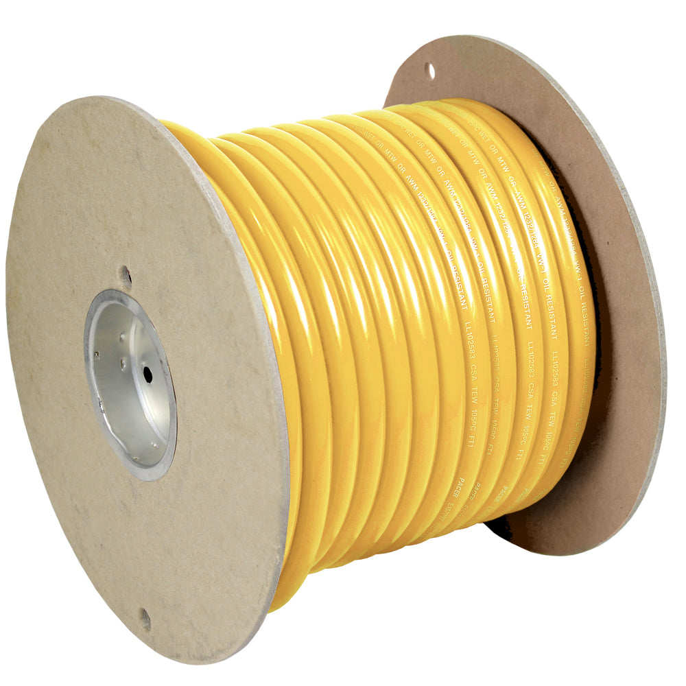 Yellow 6 AWG Pacer battery cable wire, 100-foot length, with durable insulation and flexible design for automotive or marine use.
