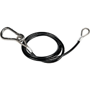Stainless steel Panther Outboard Safety Cable attached to motor bracket, designed for secure boat motor connection and safety.