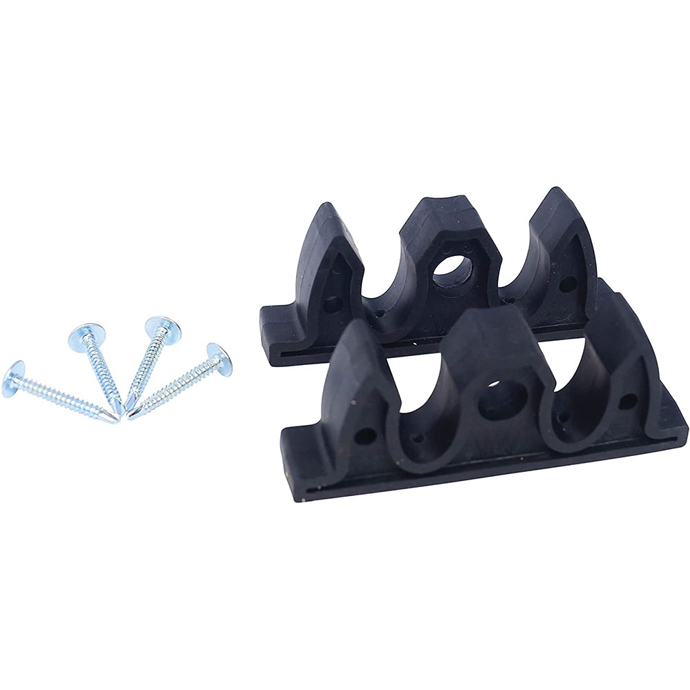 Rubber spare pole clips for anchoring, designed by Panther Products, shown in a close-up view of the clips attached to poles.