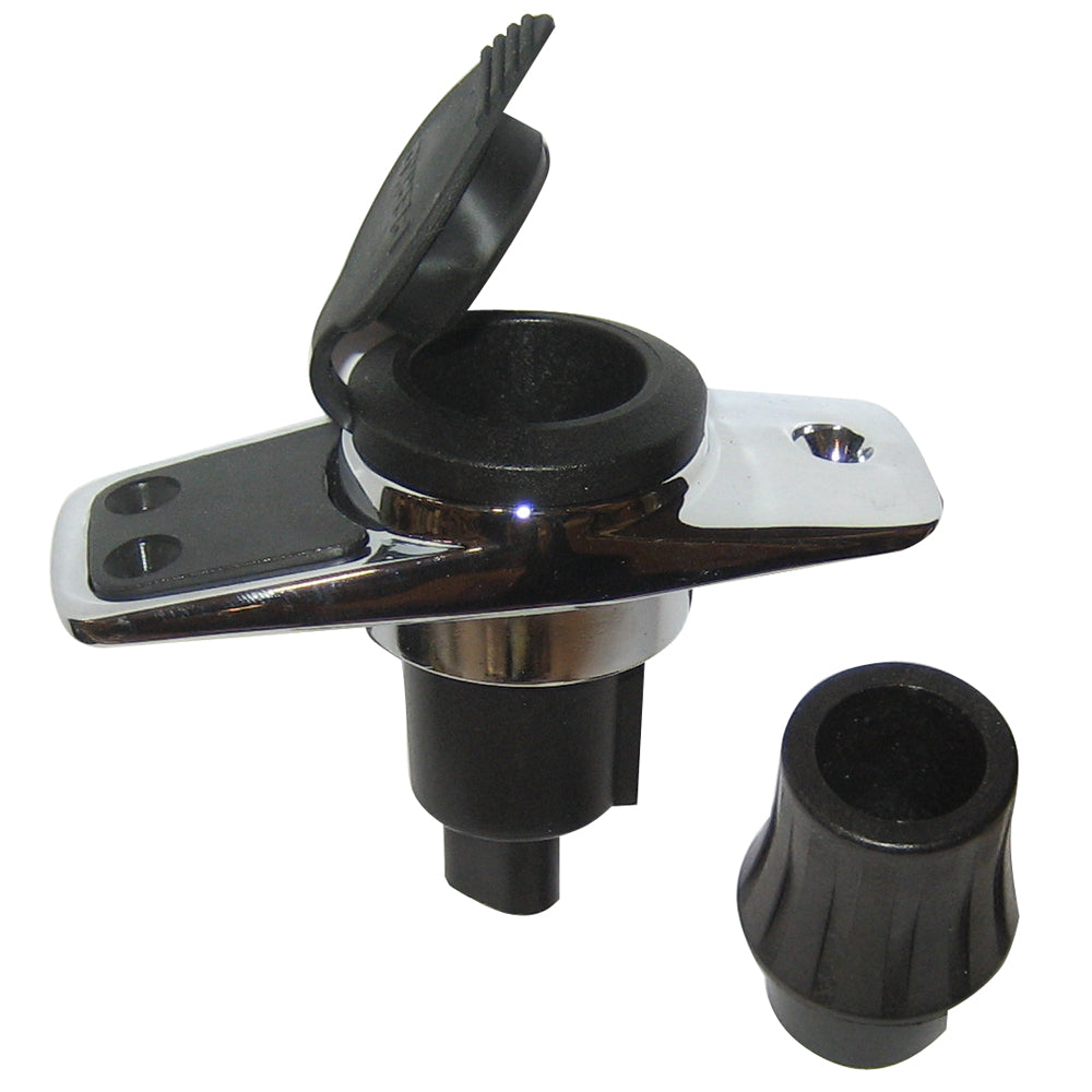 Perko locking collar pole light mounting base with 2-pin chrome-plated finish and black cover for accessories.