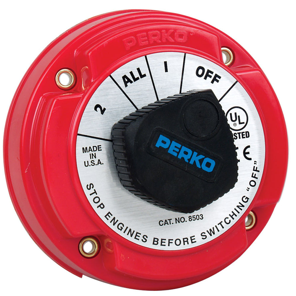 Perko 8503DP medium-duty battery selector switch with alternator field disconnect, no key lock, for battery management systems.
