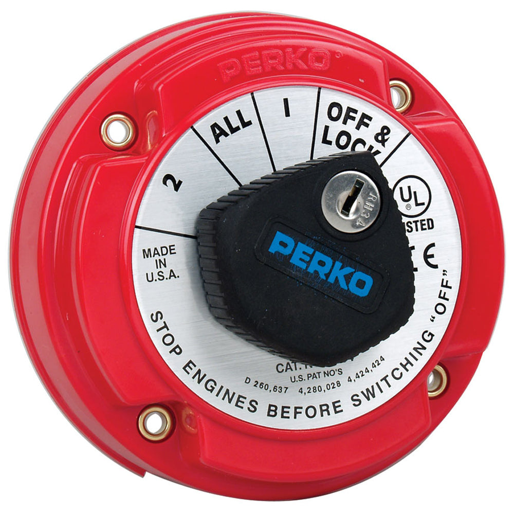 Perko 8504DP medium duty battery selector switch with key lock and alternator field disconnect, used for battery management systems.