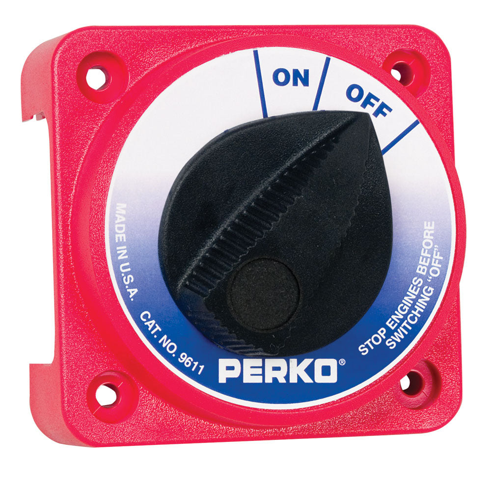 Perko 9611DP compact medium-duty main battery disconnect switch for battery management, shown in black with switch handle.