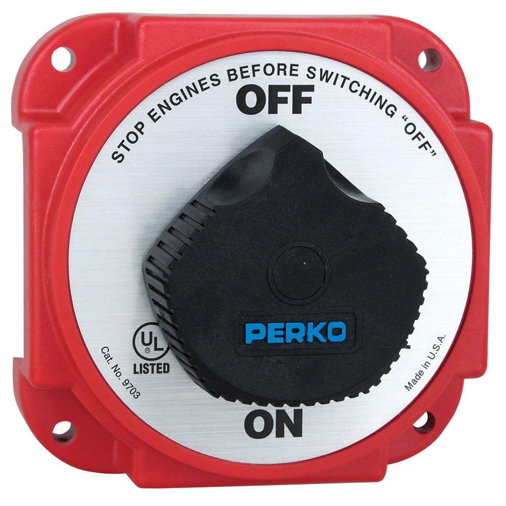 Perko 9703DP heavy-duty battery disconnect switch with alternator field disconnect, used for battery management and safety.