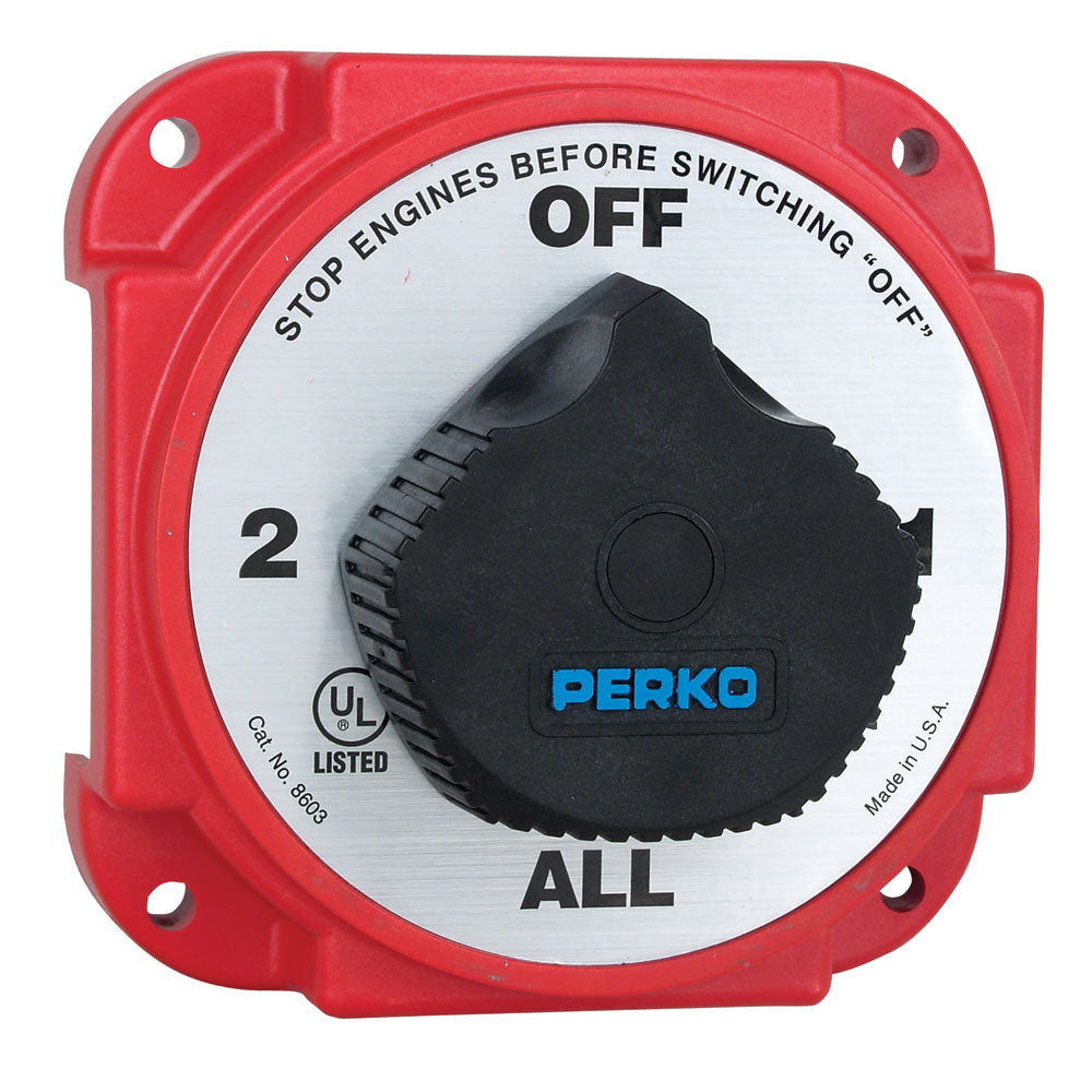Perko heavy-duty battery selector switch with alternator field disconnect for battery management and vehicle electrical systems.
