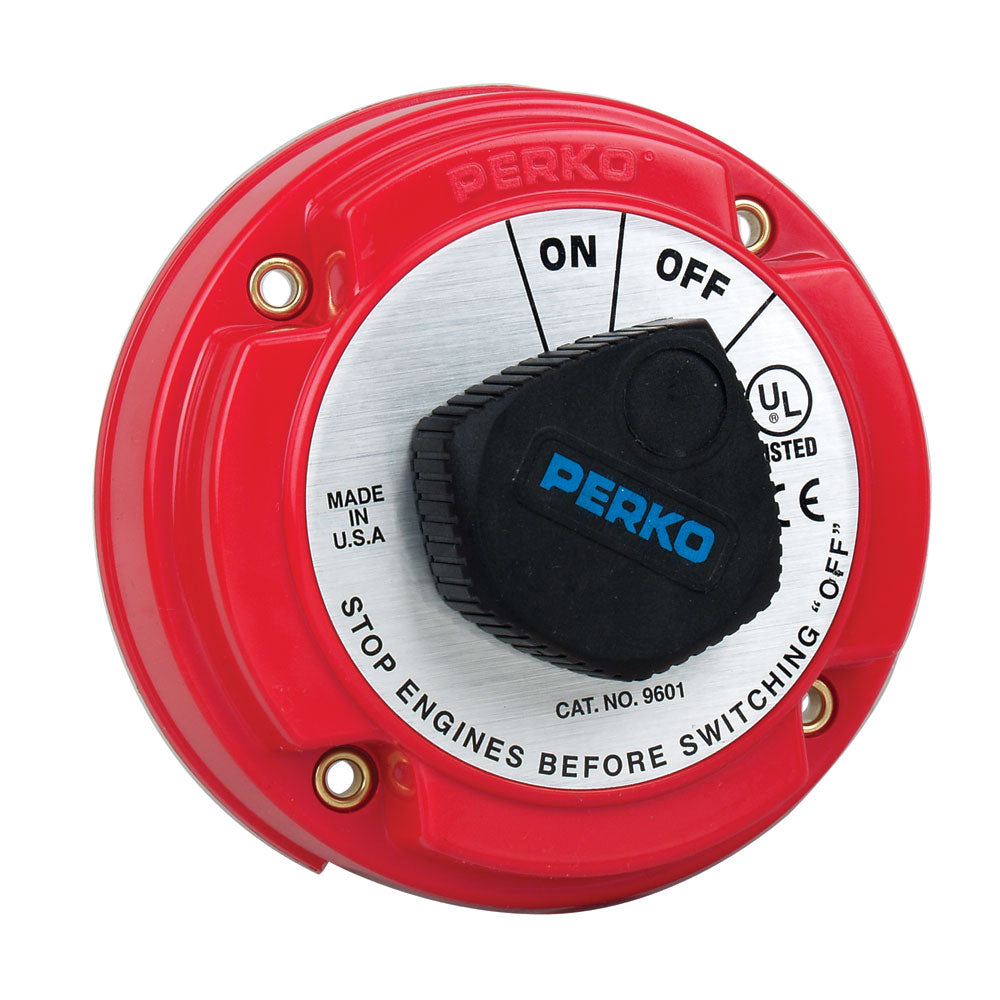 Perko medium duty battery disconnect switch, 250 Amp, for 12-32VDC, with on/off toggle and durable battery management design.