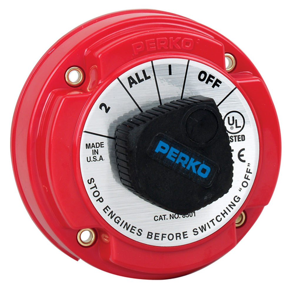 Perko Medium Duty Battery Selector Switch for battery management, 250A continuous, with black handle and mounting panel.