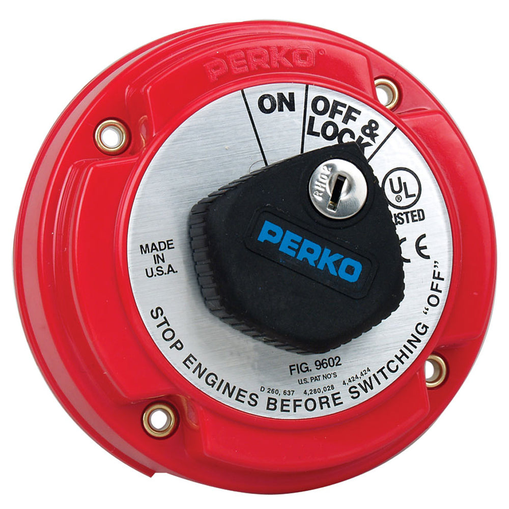 Perko medium duty main battery disconnect switch with key lock for battery management, showing the switch and safety lock mechanism.