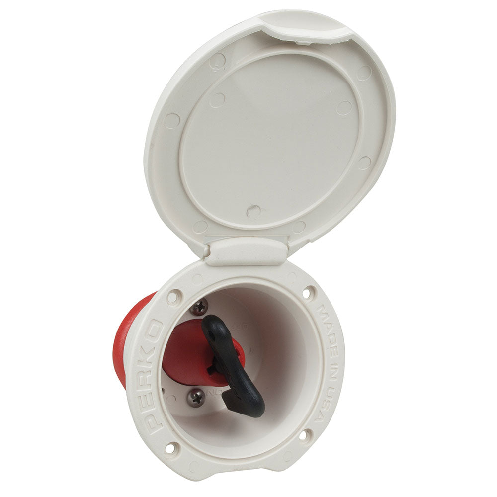 Perko single battery disconnect switch with cup mount for battery management, showing the switch and mounting features.