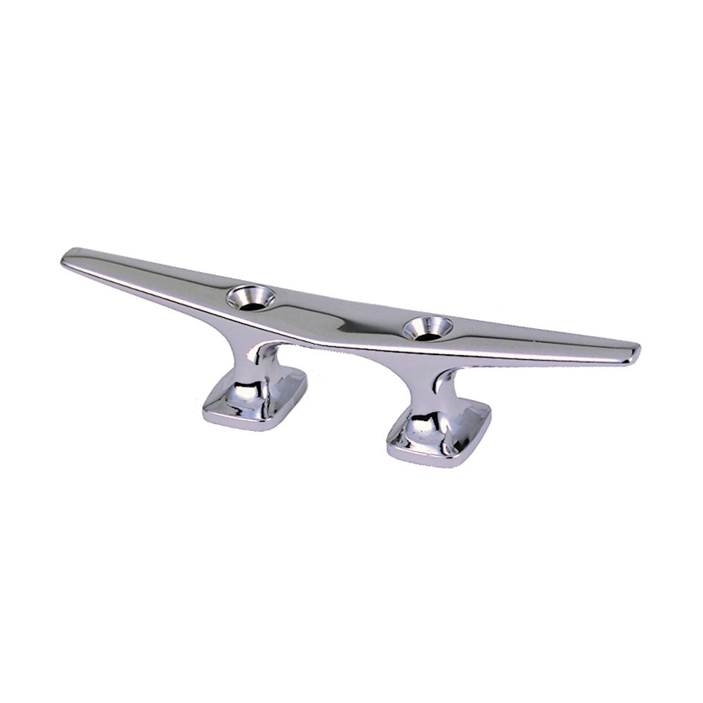 Chrome-plated zinc Perko 6.5-inch open base cleat for boat or marine use, showing polished metal and mounting holes.
