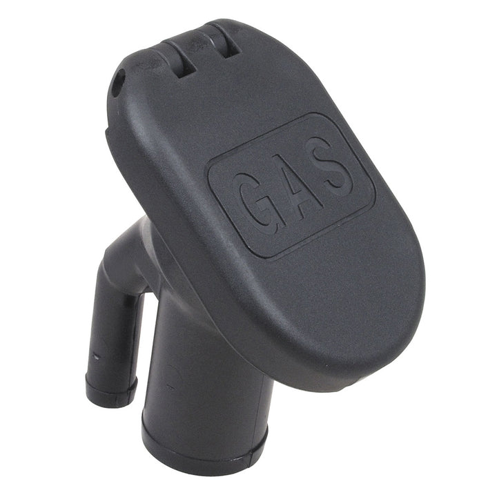Perko combination vented gas fill and tank deck fill with 1-1/2" hose and 35° angled neck for boat fuel tanks.