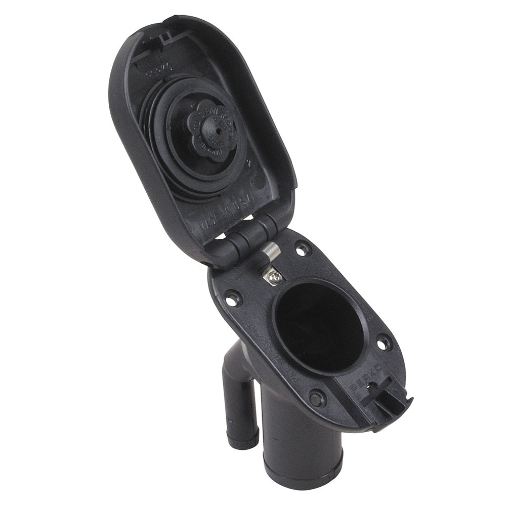 Perko combination vented gas fill tank for 1-1/2 inch hose with 35-degree angled neck, used as deck fill for boats