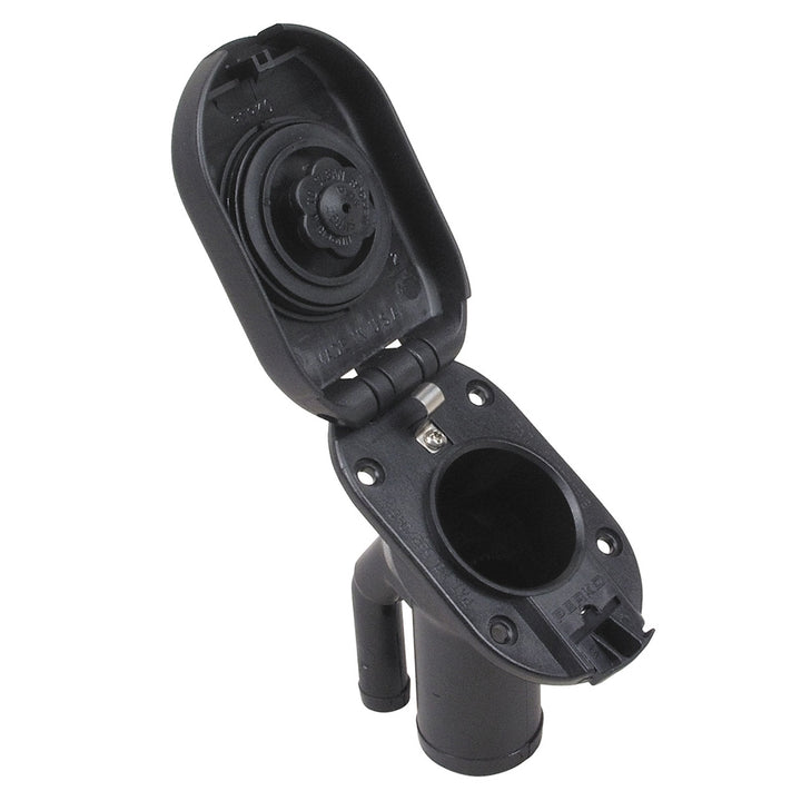 Perko combination vented gas fill tank for 1-1/2 inch hose with 35-degree angled neck, used as deck fill for boats