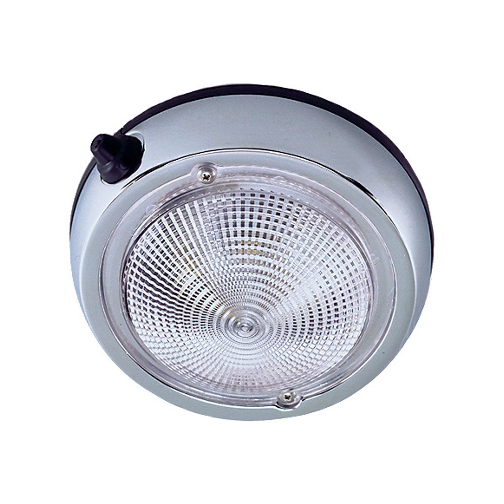 Perko surface mount dome light with 5-inch diameter chrome-plated finish and 4-inch lens for marine or outdoor use.