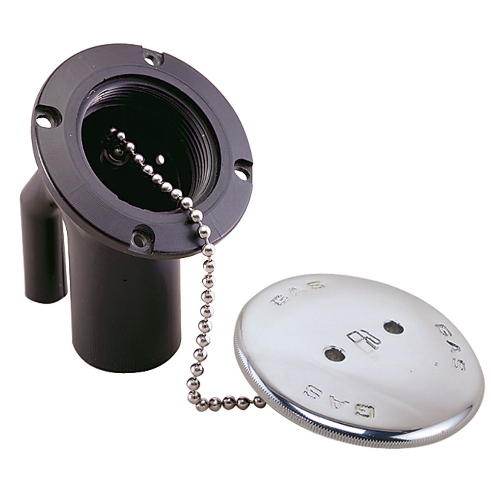 Perko 0540 gas fill and vent fitting with 1-1/2 inch hose connection and angled neck for marine fuel systems.