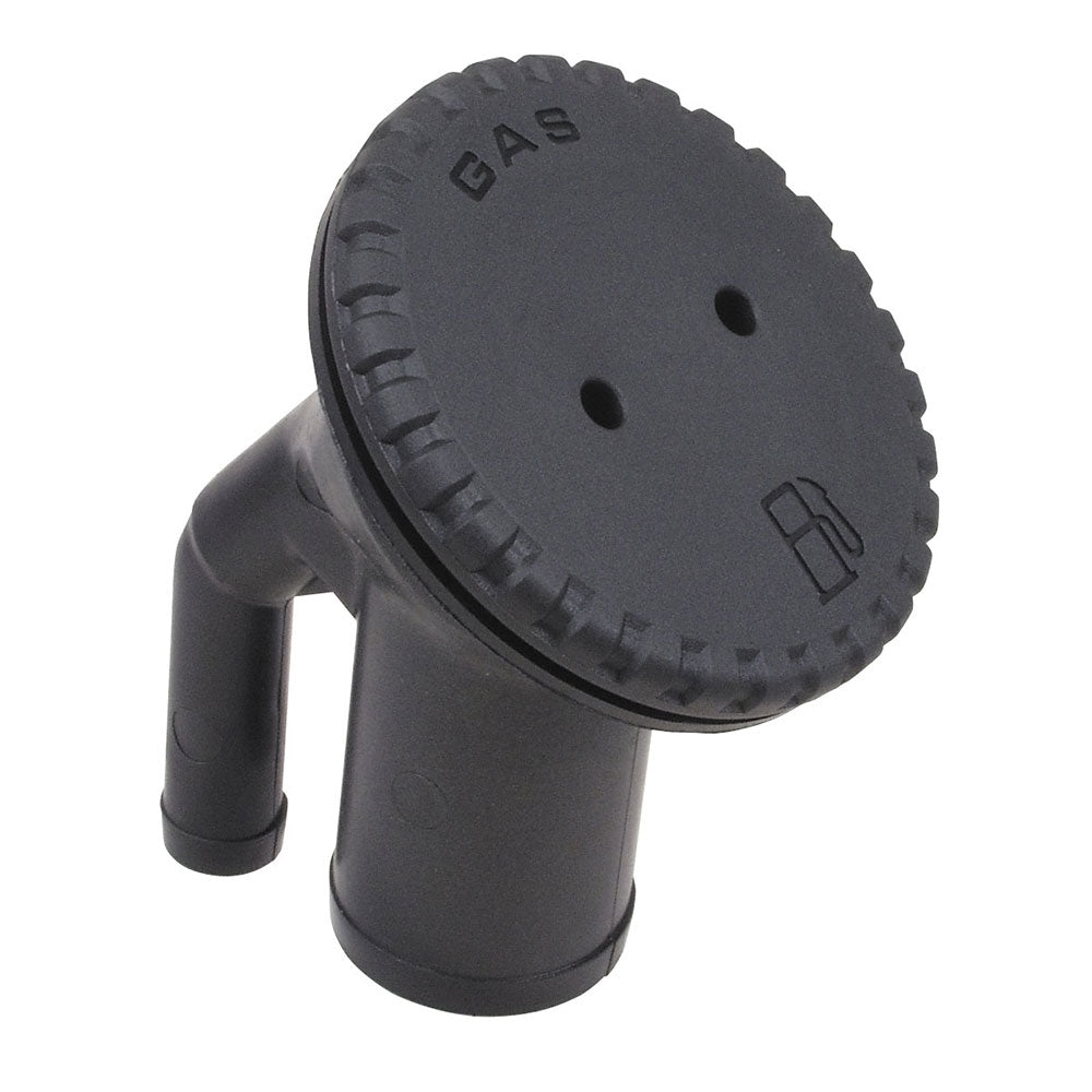Black Perko 0542 vented fill fitting with angled neck for 1-1/2" hose, designed for gas applications.