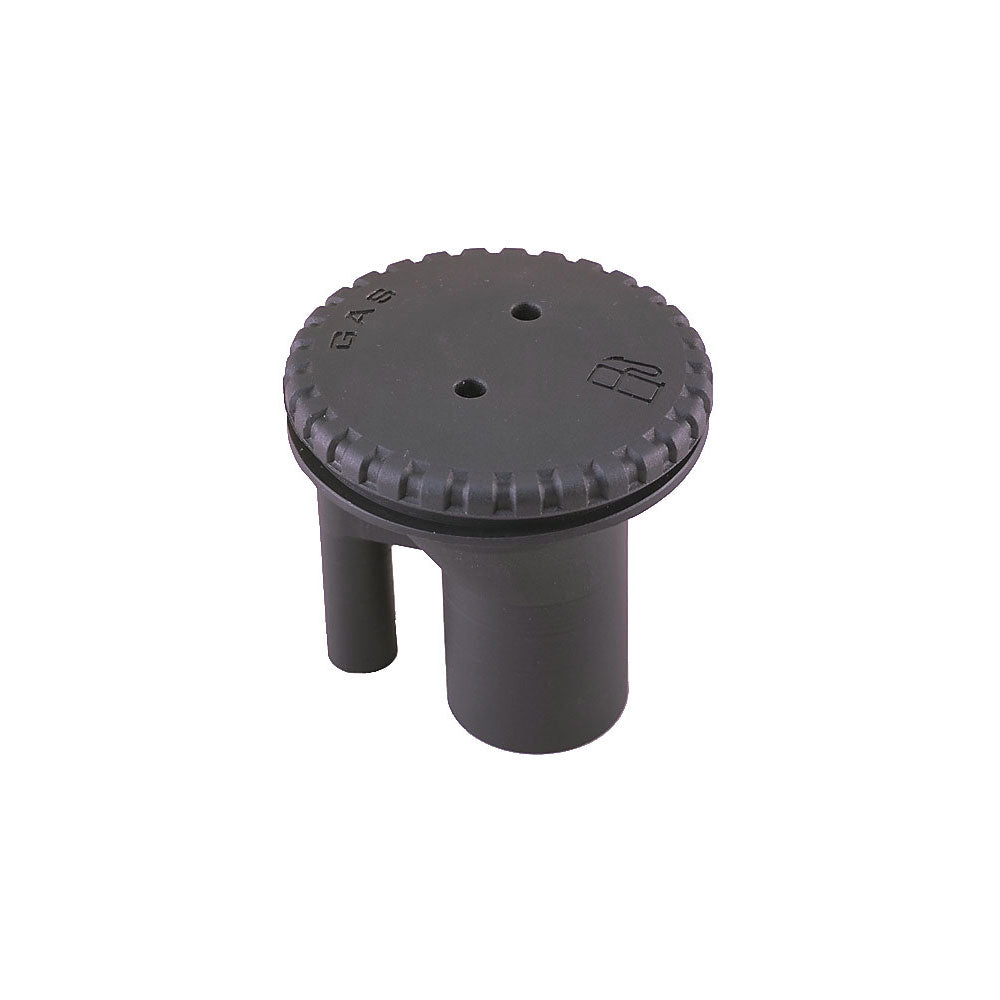 Black Perko 0543 vented fill fitting with straight neck for 1-1/2" hose, designed for gas applications.