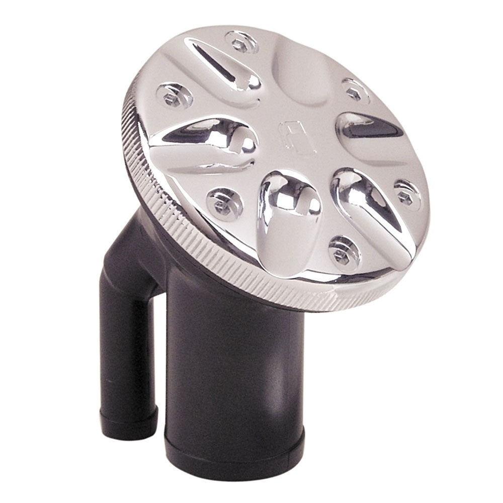 Perko 0590 vented fill fitting for 1-1/2 inch hoses with angled chrome neck, suitable for marine or plumbing applications